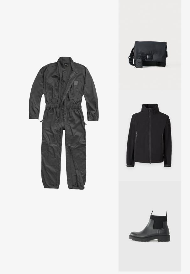 Schwarze Zip-Up-Jacke mit hohem Kragen, ausgestattet mit zwei seitlichen Reißverschlusstaschen, aus einem glatten, leichten Material mit minimalistischem Design.; Schwarzer Overall mit langen Ärmeln, Frontreißverschluss, elastischem Bund und Bündchen, mehreren Reißverschlusstaschen und Stehkragen mit Druckknopf.; Schwarze Knöchelstiefel aus Gummi mit matter Oberfläche, die ein schlankes Design, elastische Einsätze und eine robuste Sohle für bessere Bodenhaftung bieten.; Schwarze Umhängetasche mit einer eleganten, glatten Außenseite, einem verstellbaren Trageriemen und einem kleinen abnehmbaren Beutel mit geometrischem Muster.