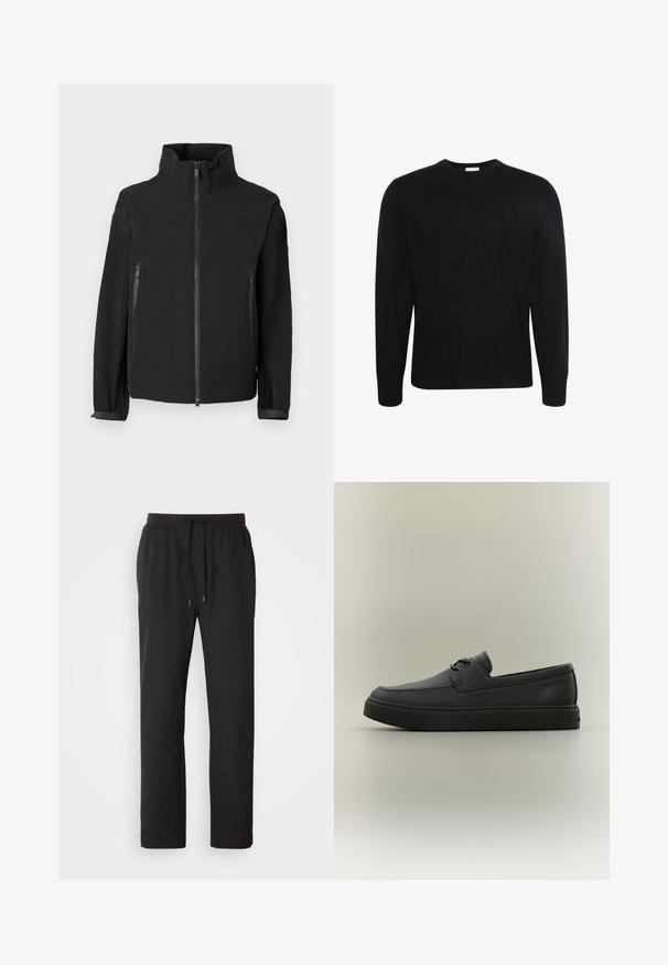 Veste noire zippée avec un col montant, dotée de deux poches latérales zippées, faite d'un matériau lisse et léger avec un design minimal.; Pull noir à manches longues col rond avec un tissu subtilement texturé et un petit logo brodé sur la poitrine gauche.; Pantalons de jogging noirs en tissu léger, dotés d'une taille élastique avec cordons de serrage réglables et poches latérales. Texture lisse.; Mocassin décontracté en cuir noir avec des détails de laçage et une semelle en caoutchouc épaisse, présenté de profil sur un fond neutre.