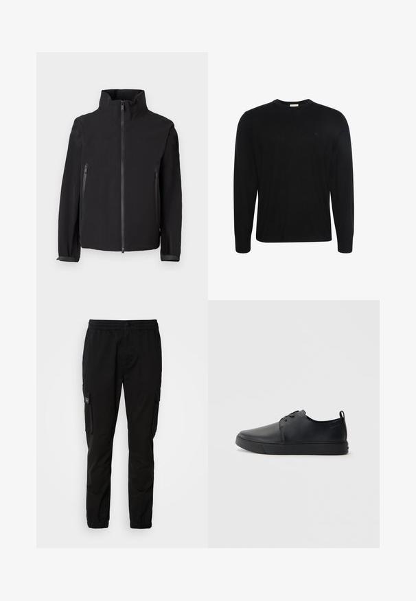 Chaqueta negra con cremallera y cuello alto, que cuenta con dos bolsillos laterales con cremallera, fabricada con un material suave y ligero con un diseño minimalista.; Jersey negro de manga larga con cuello redondo, tela con textura sutil y pequeño logo bordado en el pecho izquierdo.; Pantalones cargo negros con cintura elástica, cierre de botón, dos bolsillos laterales y dos bolsillos cargo. Tejido suave con un corte relajado.; Zapatilla negra de cuero con acabado suave, punta redondeada, costuras a tono, cordones en la parte delantera y suela de goma plana. Asa en el talón.