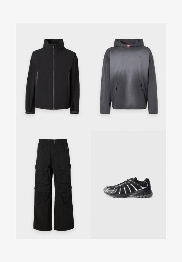 Sort zip-up jakke med høj krave, der har to lynlåslommer i siden, lavet af et glat, let materiale med et minimalistisk design.; Mørkegrå hættetrøje med lille rød logo på brystet og to forlommer, vist på hvid baggrund.; Sorte cargo bukser med elastisk talje, flere store lommer og lynlåslommer på siden. Lavet af letvægts, tekstureret stof.; Sort sportsko med hvide detaljer, med en tekstureret overdel, buet design og en gummisål med markante dæksler for godt greb.