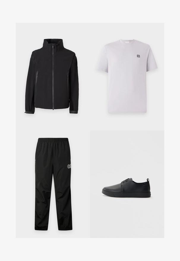 Sort zip-up jakke med høj krave, der har to lynlåslommer i siden, lavet af et glat, let materiale med et minimalistisk design.; Lys lavendelfarvet kortærmet t-shirt lavet af bomuld med rund hals og et lille mørkt logo-patch på venstre bryst. Glat tekstur.; Sorte regnbukser lavet af letvægts, vandtæt materiale. Har en elastisk talje og logo-detalje på siden. Glat tekstur.; Sorte lædersneakers med en glat finish, rund tå, tonalt syning, snøring foran og en flad gummisål. Løkke ved hælen.