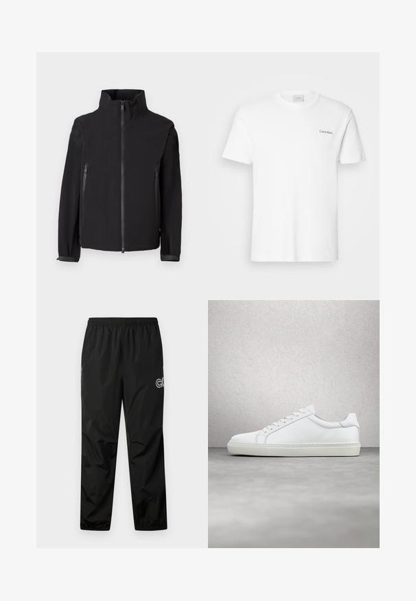 Sort zip-up jakke med høj krave, der har to lynlåslommer i siden, lavet af et glat, let materiale med et minimalistisk design.; Hvid bomulds T-shirt med korte ærmer og rund halsudskæring. Har et lille sort "Calvin Klein" logo på venstre bryst.; Sorte regnbukser lavet af letvægts, vandtæt materiale. Har en elastisk talje og logo-detalje på siden. Glat tekstur.; Hvide sneakers med en glat læderoverdel og lav profil. Har en rund tå, seks snørehuller og en tekstureret gummisål.