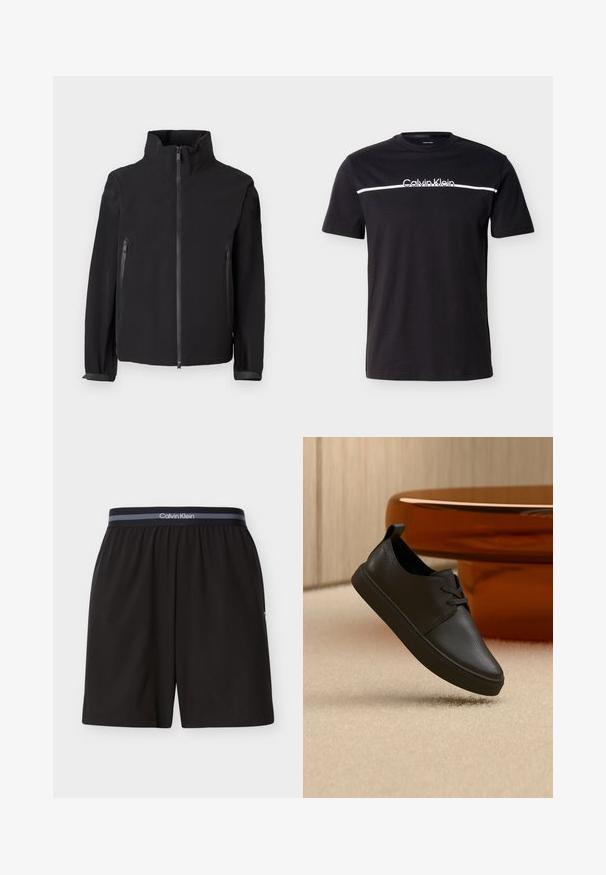 Veste noire zippée avec un col montant, dotée de deux poches latérales zippées, faite d'un matériau lisse et léger avec un design minimal.; T-shirt noir à manches courtes avec une bande horizontale blanche sur la poitrine et le logo "Calvin Klein" centré au-dessus de la bande.; Shorts noirs Calvin Klein pour hommes avec taille élastique et bande de marque, longueur au genou, design uni, présentés à plat sur fond blanc.; Baskets décontractées en cuir noir avec lacets, flottant au-dessus d'un tapis beige, avec une table en verre ambré arrondie en arrière-plan.