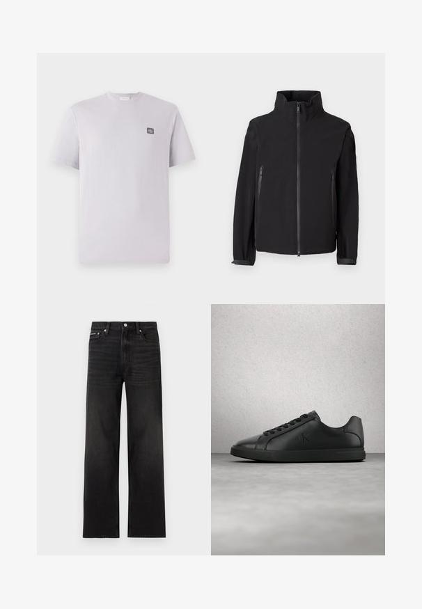 Sort zip-up jakke med høj krave, der har to lynlåslommer i siden, lavet af et glat, let materiale med et minimalistisk design.; Lys lavendelfarvet kortærmet t-shirt lavet af bomuld med rund hals og et lille mørkt logo-patch på venstre bryst. Glat tekstur.; Sorte jeans med lige ben, fem-lomme design, bæltestropper og knaplukning, vist på en hvid baggrund.; Sort læder sneaker med snørebånd og præget "ck" logo, der svæver over en grå gulv nær en glasblokvæg.