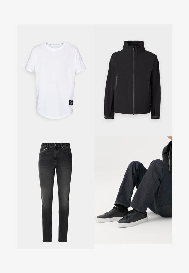 Sort zip-up jakke med høj krave, der har to lynlåslommer i siden, lavet af et glat, let materiale med et minimalistisk design.; Hvid bomulds T-shirt med rullede korte ærmer, afrundet kant og et sort logo-tag med "CK" i nederste venstre hjørne.; Sorte jeans lavet af denim, med lige pasform, fem lommer og knaplukning. Lys falmning tilføjer struktur til stoffet.; Person siddende med bøjede ben, iført mørkeblå jeans og sorte lave sneakers med hvide såler på en hvid baggrund.