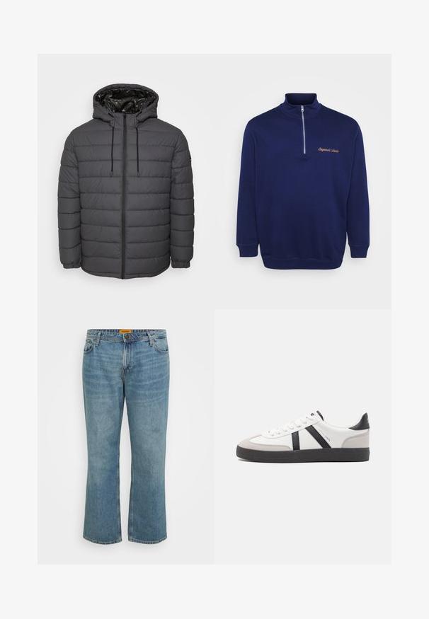 Chaqueta acolchada en gris oscuro, con cierre de cremallera, capucha con cordones ajustables y diseño acolchado con puños elásticos.; Sudadera de media cremallera azul marino hecha de un tejido suave. Presenta un collar alto, puños acanalados y el texto "Originals Studio" bordado en un color en contraste.; Jeans de mezclilla en azul claro con corte recto, cinco bolsillos, costura visible y bragueta con cremallera. La etiqueta es amarilla en la parte interior de la cinturilla.; Zapatilla blanca con acentos en negro y gris, que presenta una puntera texturizada en gris, suela de goma negra y cordones planos blancos. Diseño limpio, estilo minimalista.