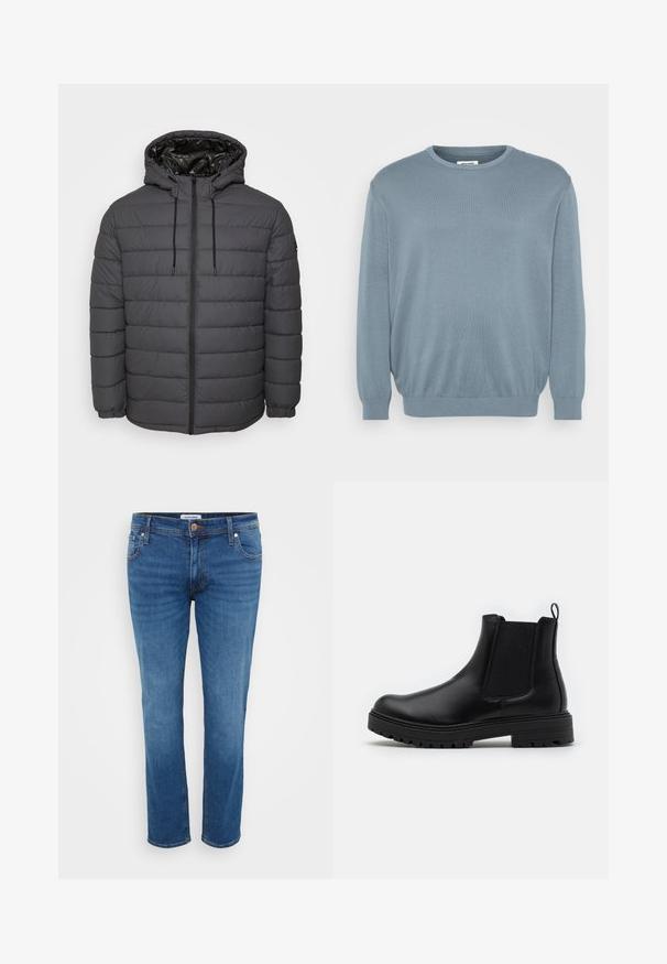 Steppjacke in Dunkelgrau, mit Reißverschluss, Kapuze mit verstellbaren Kordeln und gesteppter Optik sowie elastischen Bündchen.; Helles blaues Sweatshirt aus Strickstoff, mit rundem Halsausschnitt und gerippten Bündchen und Saum. Einfaches Design mit einer weichen Textur.; Jeans aus Denim in einem mittleren Blauton, mit einem geraden Bein Design, fünf Taschen-Stil und einem Knopfverschluss an der Taille.; Zign by Zalando LEATHER - Stiefelette - black