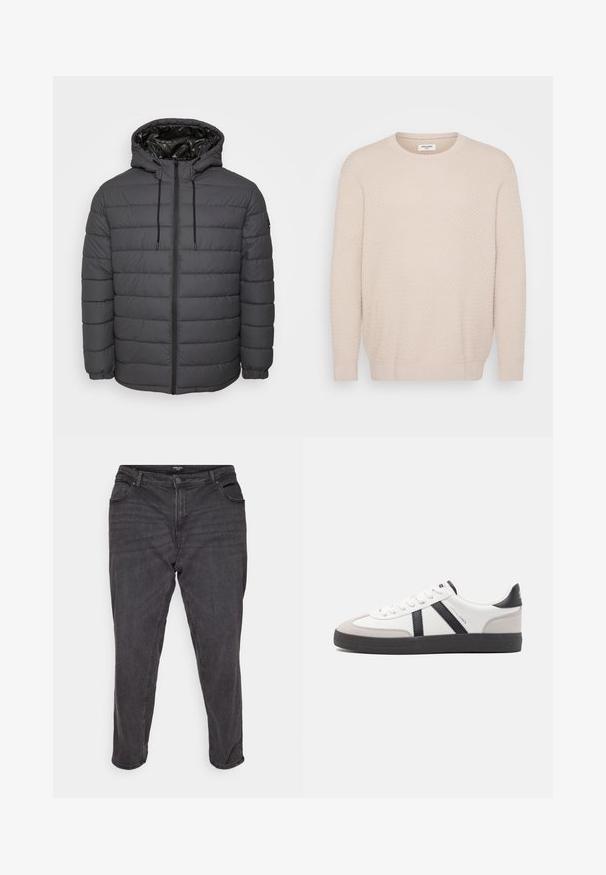 Vatteret jakke i mørkegrå med lynlås, hætte med justerbare snore og quiltet design med elastiske manchetter.; Lys beige sweater med et tekstureret mønster, rund halsudskæring og lange ærmer. Ribbet manchetter og kant for en tætsiddende finish. Blødt materiale.; Sorte denim jeans med lige ben, der har en knaplukning, sidelommer og subtile falmninger, hvilket giver et klassisk udseende.; Hvide sneakers med sorte og grå detaljer, med en tekstureret grå tåhætte, sort gummisål og flade hvide snørebånd. Rent design, minimalistisk stil.