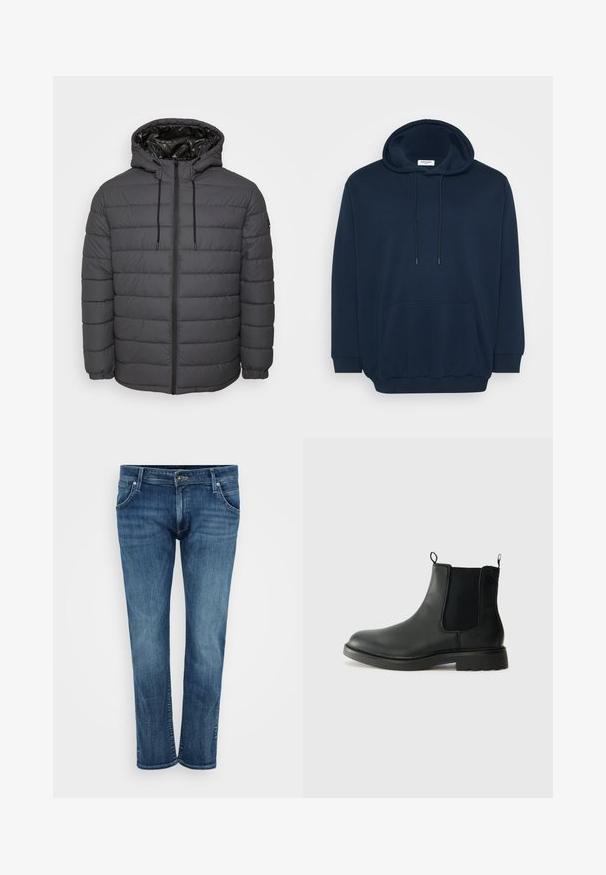 Chaqueta acolchada en gris oscuro, con cierre de cremallera, capucha con cordones ajustables y diseño acolchado con puños elásticos.; Sudadera azul marino de mezcla de algodón, con capucha ajustable, bolsillo canguro frontal, puños de canalé y un diseño de corte relajado.; Jeans de denim azul con un diseño de pierna recta, que cuentan con bolsillos frontales, cremallera y un ligero desgaste. Estilo clásico con un acabado de lavado medio.; Botas Chelsea de cuero negro con paneles laterales elásticos, lengüetas para tirar, puntera redondeada y suela de goma texturizada. Superficie lisa y diseño robusto.