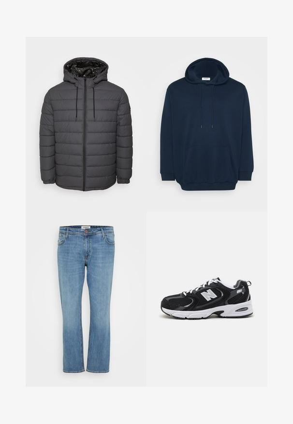 Vatteret jakke i mørkegrå med lynlås, hætte med justerbare snore og quiltet design med elastiske manchetter.; Marineblå hoodie i bomuldsblanding med justerbar hætte, frontlomme i kenguru-stil, ribbede manchetter og et afslappet fit-design.; Blå straight-leg denim jeans med knap- og lynlås, for- og baglommer samt synlig syning på hvid baggrund.; Sorte og grå sportssko med mesh og ruskind på overdelen, der har en hvid mellemsål, snørebånd og et iøjnefaldende "N" logo på siden.