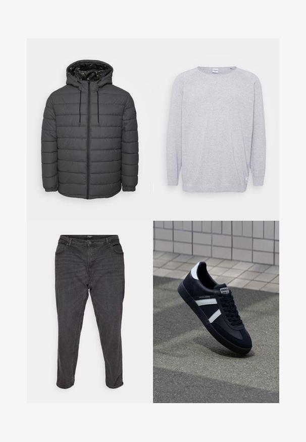 Vatteret jakke i mørkegrå med lynlås, hætte med justerbare snore og quiltet design med elastiske manchetter.; Lys grå sweater med lange ærmer, rund halsudskæring og struktureret strik. Har et diskret spættet mønster og et lille mærke ved kanten.; Sorte denim jeans med lige ben, der har en knaplukning, sidelommer og subtile falmninger, hvilket giver et klassisk udseende.; Sort lædersneaker med hvide striber, tekstureret gummisål og snørrebånd foran. Har et brandet mærke på tungen.