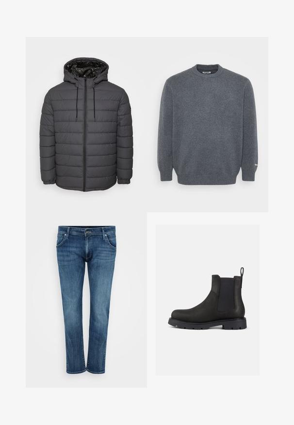 Steppjacke in Dunkelgrau, mit Reißverschluss, Kapuze mit verstellbaren Kordeln und gesteppter Optik sowie elastischen Bündchen.; Dunkelgrauer Rundhals-Wollpullover mit gerippten Bündchen und Saum, glatter Stricktextur und kleinem weißen Logo-Detail am Bündchen des linken Ärmels.; Blaue Denim-Jeans mit geradem Bein, ausgestattet mit vorderen Taschen, einem Reißverschluss und dezentem Verblassen. Klassischer Stil mit mittlerem Wasch-Effekt.; Schwarze Leder-Chelsea-Boots mit elastischen Seitenpaneelen, Zugschlaufe und strukturiertem Gummisohlen für besseren Halt. Schlankes Design und zurückhaltendes Finish.