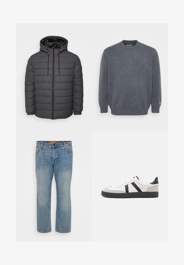 Steppjacke in Dunkelgrau, mit Reißverschluss, Kapuze mit verstellbaren Kordeln und gesteppter Optik sowie elastischen Bündchen.; Dunkelgrauer Rundhals-Wollpullover mit gerippten Bündchen und Saum, glatter Stricktextur und kleinem weißen Logo-Detail am Bündchen des linken Ärmels.; Hellblaue Denim-Jeans mit geradem Bein, ausgestattet mit fünf Taschen, einem Knopfverschluss und einem orangefarbigen Markenschild am Bund.; Weiße Sneaker mit schwarz- und grau-aczenten, ausgestattet mit einer strukturierten grauen Zehenkappe, schwarzer Gummi-Sohle und flachen weißen Schnürsenkeln. Sauberes Design, minimalistische Stil.