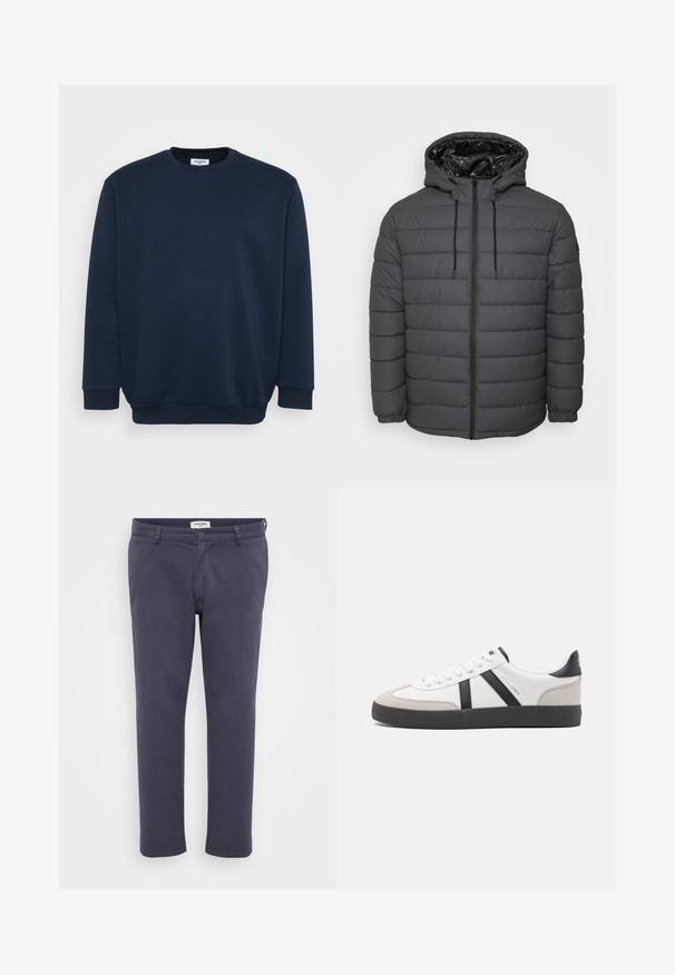Vatteret jakke i mørkegrå med lynlås, hætte med justerbare snore og quiltet design med elastiske manchetter.; Marineblå sweatshirt lavet af blød bomuldsblanding, med rund hals, lange ærmer og ribbede manchetter og kant. Minimalistisk design uden mønstre.; Mørkeblå bukser lavet af glat stof med en slim fit, der har frontlommer, knaplukning og en simpel afslutning ved kanten.; Hvide sneakers med sorte og grå detaljer, med en tekstureret grå tåhætte, sort gummisål og flade hvide snørebånd. Rent design, minimalistisk stil.