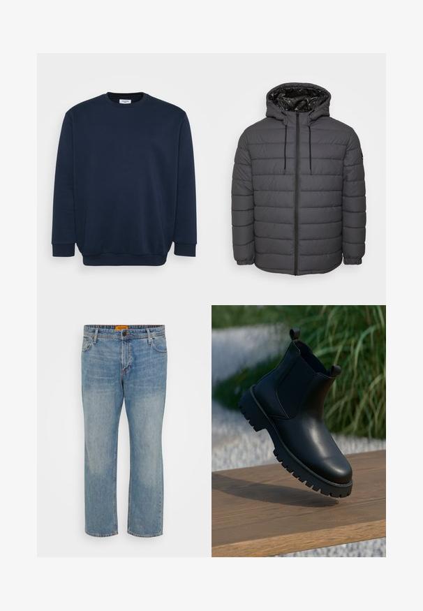 Vatteret jakke i mørkegrå med lynlås, hætte med justerbare snore og quiltet design med elastiske manchetter.; Marineblå sweatshirt lavet af blød bomuldsblanding, med rund hals, lange ærmer og ribbede manchetter og kant. Minimalistisk design uden mønstre.; Lyseblå denim jeans med lige ben, der har fem lommer, knaplukning og orange mærke på taljebåndet.; Sorte læder ankelstøvler med elastiske sidepaneler, rund tå og kraftig sål, vist på en træoverflade.