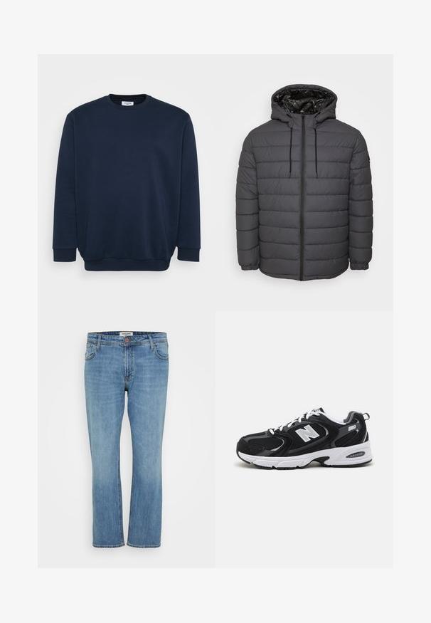 Vatteret jakke i mørkegrå med lynlås, hætte med justerbare snore og quiltet design med elastiske manchetter.; Marineblå sweatshirt lavet af blød bomuldsblanding, med rund hals, lange ærmer og ribbede manchetter og kant. Minimalistisk design uden mønstre.; Blå straight-leg denim jeans med knap- og lynlås, for- og baglommer samt synlig syning på hvid baggrund.; Sorte og grå sportssko med mesh og ruskind på overdelen, der har en hvid mellemsål, snørebånd og et iøjnefaldende "N" logo på siden.