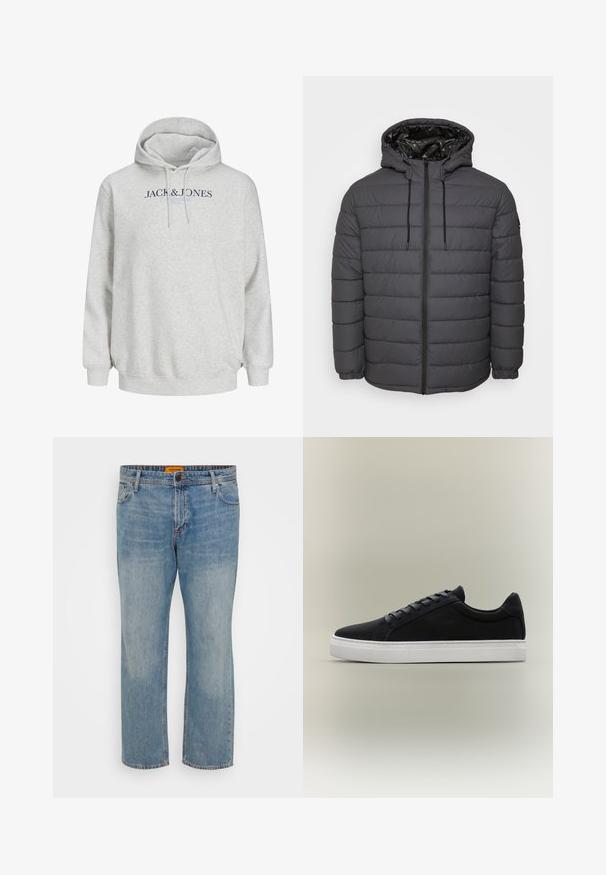 Vatteret jakke i mørkegrå med lynlås, hætte med justerbare snore og quiltet design med elastiske manchetter.; Lys grå hættetrøje med snore og "JACK & JONES" trykt hen over brystet i mørkeblå og lyseblå tekst.; Lyseblå denim jeans med lige ben, der har fem lommer, knaplukning og orange mærke på taljebåndet.; Sort lavsko-sneaker med hvid gummisål, snøredesign og polstret krave vist på en neutral grå baggrund.