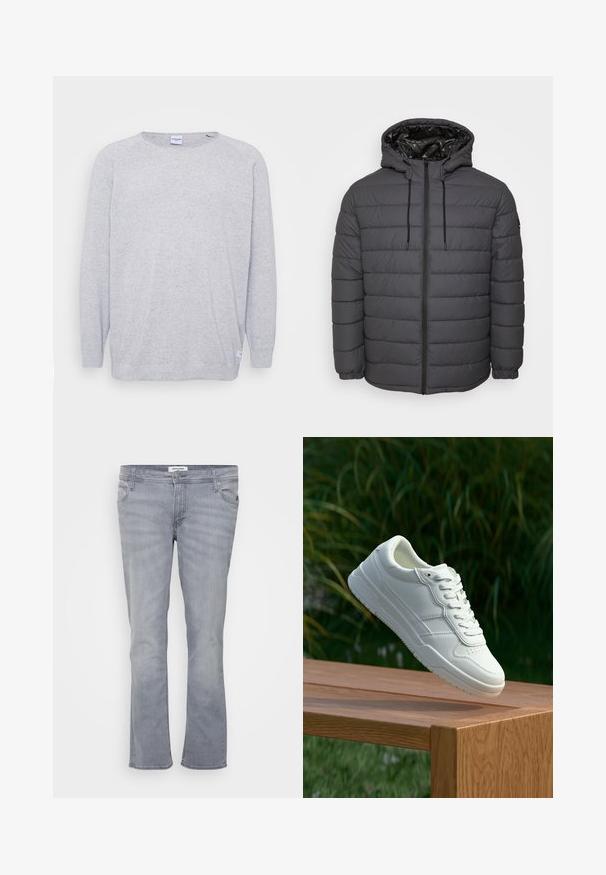 Vatteret jakke i mørkegrå med lynlås, hætte med justerbare snore og quiltet design med elastiske manchetter.; Lys grå sweater med lange ærmer, rund halsudskæring og struktureret strik. Har et diskret spættet mønster og et lille mærke ved kanten.; Lysegrå vidde jeans lavet af denim, med et klassisk design med fem lommer, linning med bæltestrop og syede detaljer.; Hvide lædersneakers med en glat overflade, prydet med perforeret design, klassisk snørering og gummisål, placeret over en træoverflade.