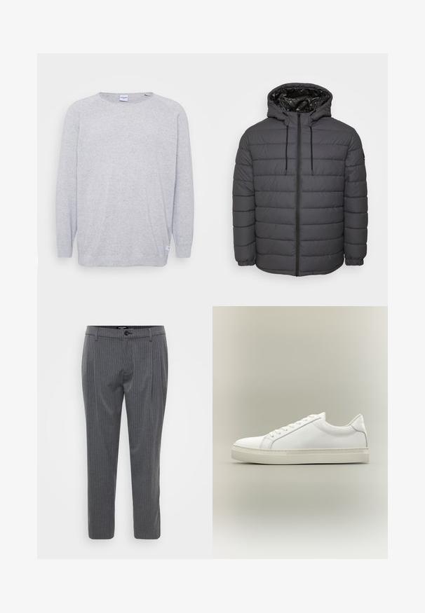 Vatteret jakke i mørkegrå med lynlås, hætte med justerbare snore og quiltet design med elastiske manchetter.; Lys grå sweater med lange ærmer, rund halsudskæring og struktureret strik. Har et diskret spættet mønster og et lille mærke ved kanten.; Grå stribede bukser lavet af vævet stof, med flad front, bæltestropper og en enkelt knaplukning. Skåret pasform og opkradede ben.; Hvid lavtop sneaker med snørebånd foran og tyk sål, vist fra siden mod en neutral baggrund.