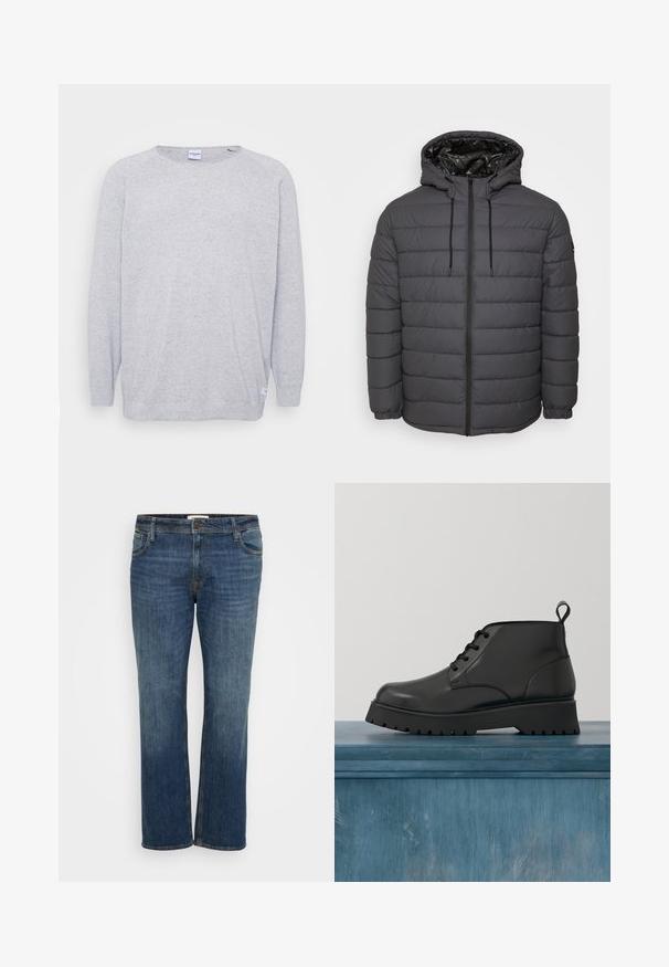 Vatteret jakke i mørkegrå med lynlås, hætte med justerbare snore og quiltet design med elastiske manchetter.; Lys grå sweater med lange ærmer, rund halsudskæring og struktureret strik. Har et diskret spættet mønster og et lille mærke ved kanten.; Mørkeblå denim jeans med et lige ben-design, der har fem lommer, knaplukning og subtilt slid for tekstur.; Sort læder ankelstøvle med en glansfuld overflade. Har en rund tå, snørebåndsdesign og en tyk, rillede sål for godt greb.