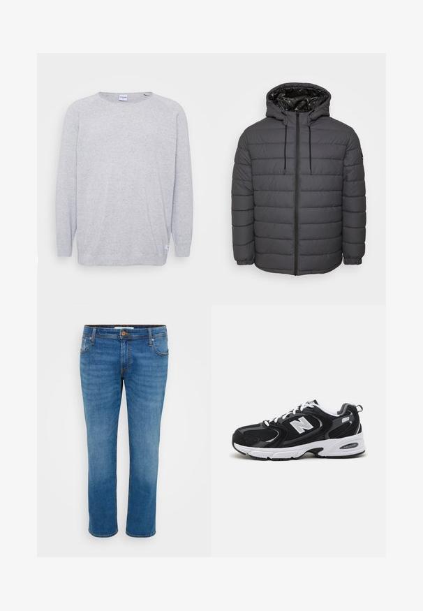 Vatteret jakke i mørkegrå med lynlås, hætte med justerbare snore og quiltet design med elastiske manchetter.; Lys grå sweater med lange ærmer, rund halsudskæring og struktureret strik. Har et diskret spættet mønster og et lille mærke ved kanten.; Blå denim jeans med lige ben, fem lommer og kontraststikning. Har en knaplukning og bæltestropper langs taljen.; Sorte og grå sportssko med mesh og ruskind på overdelen, der har en hvid mellemsål, snørebånd og et iøjnefaldende "N" logo på siden.