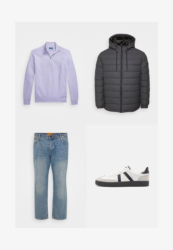 Vatteret jakke i mørkegrå med lynlås, hætte med justerbare snore og quiltet design med elastiske manchetter.; Lys lilla strikket pullover med lynlås i kvart længde, ribbede manchetter og kant; har et lille logo på brystet.; Lyseblå denim jeans med lige ben, der har fem lommer, knaplukning og orange mærke på taljebåndet.; Hvide sneakers med sorte og grå detaljer, med en tekstureret grå tåhætte, sort gummisål og flade hvide snørebånd. Rent design, minimalistisk stil.