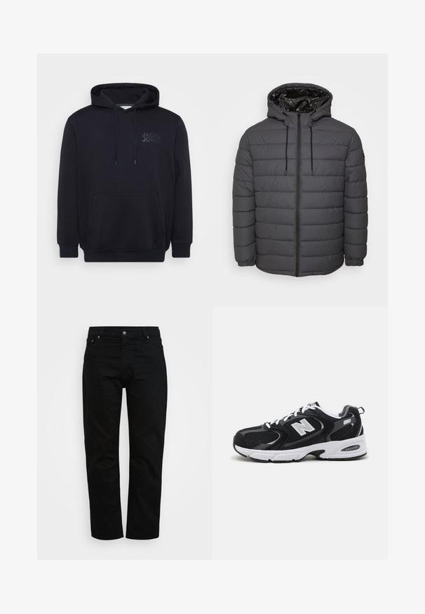 Doudoune de couleur gris foncé, dotée d'une fermeture éclair, d'une capuche avec cordons de serrage ajustables et d'un design matelassé avec poignets élastiqués.; Hoodie noir en mélange de coton, avec une poche kangourou à l'avant, une capuche avec cordon de serrage et un design de logo subtil sur la poitrine.; Jean noir en coton, avec une coupe classique, un design à cinq poches et un bouton métallique. Texture lisse avec des jambes droites.; Baskets de sport noires et grises avec un tige en mesh et en suède, présentant une semelle intermédiaire blanche, des lacets et un logo "N" audacieux sur le côté.