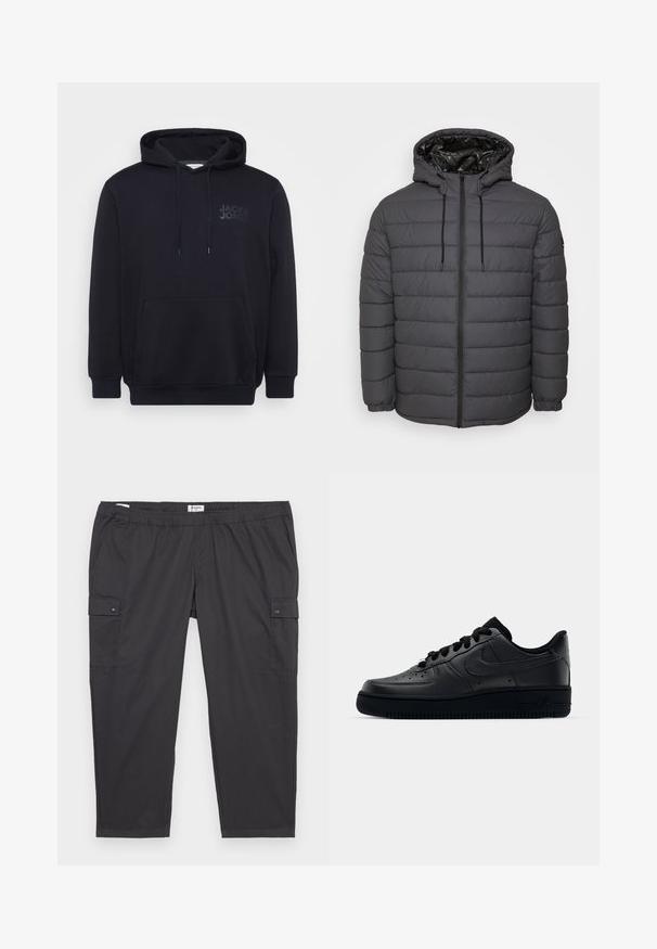Steppjacke in Dunkelgrau, mit Reißverschluss, Kapuze mit verstellbaren Kordeln und gesteppter Optik sowie elastischen Bündchen.; Schwarzer Hoodie aus Baumwollmischung, mit einer vorderen Kängurutasche, einer Kapuze mit Zugband und einem dezenten Logodesign auf der Brust.; Schwarze Cargo-Hosen mit einem elastischen Bund, seitlichen Taschen und Druckknopfdetails. Hergestellt aus leichtem, glattem Stoff.; Schwarzer Nike Air Force 1 Schuh mit einem glatten Lederoberteil, perforierter Zehenpartie für Atmungsaktivität, schwarzen Schnürsenkeln und einer strukturierten Gummisohle.