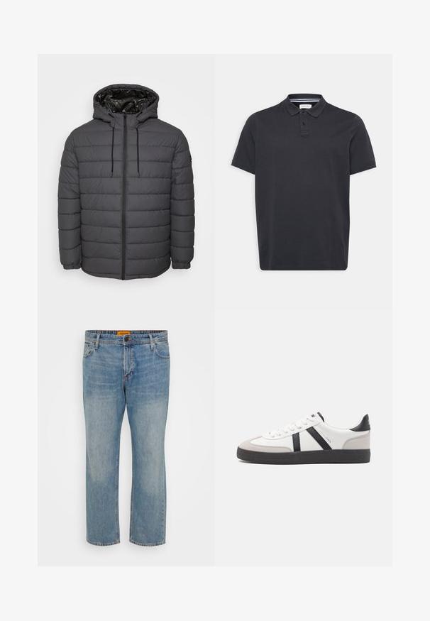 Gewatteerd jack in donkergrijs, met ritssluiting, capuchon met verstelbare trekkoorden en doorgestikt ontwerp met elastische manchetten.; Zwarte poloshirt van katoen met een omgeslagen kraag, een knopsluiting met drie knopen en korte mouwen. Gladde textuur, eenvoudig ontwerp.; Lichtblauwe denim jeans met een rechte pasvorm, voorzien van vijf zakken, een knoopsluiting en een oranje merklabel op de tailleband.; Witte sneaker met zwarte en grijze accenten, voorzien van een grijze neus met textuur, zwarte rubberen zool en platte witte veters. Schoon ontwerp, minimalistische stijl.