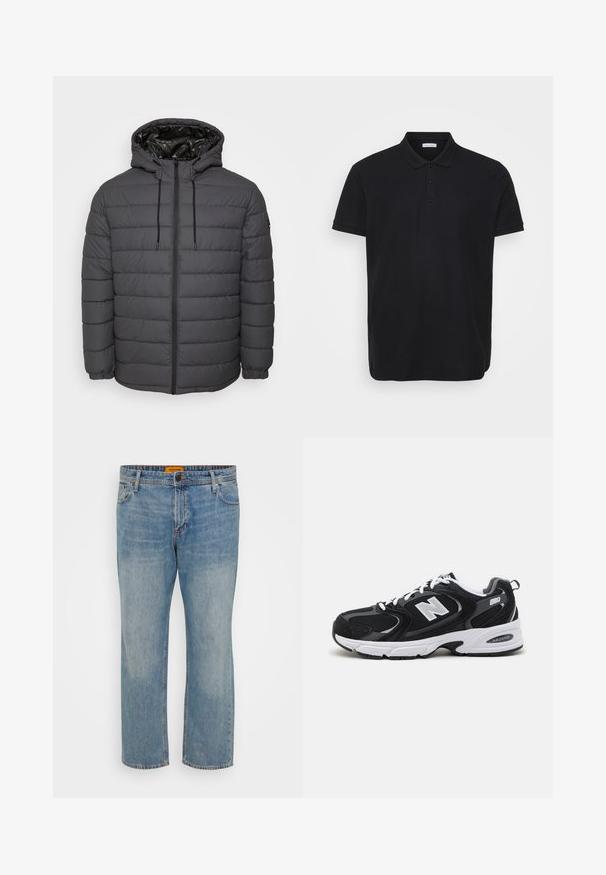 Vatteret jakke i mørkegrå med lynlås, hætte med justerbare snore og quiltet design med elastiske manchetter.; Sort polo shirt i ribbet tekstur, med klassisk krave, tre-knaps stolpe og diskret logo accent på venstre bryst.; Lyseblå denim jeans med lige ben, der har fem lommer, knaplukning og orange mærke på taljebåndet.; Sorte og grå sportssko med mesh og ruskind på overdelen, der har en hvid mellemsål, snørebånd og et iøjnefaldende "N" logo på siden.
