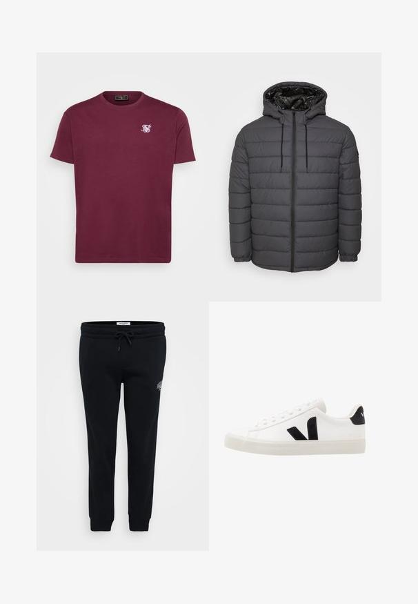 Gewatteerd jack in donkergrijs, met ritssluiting, capuchon met verstelbare trekkoorden en doorgestikt ontwerp met elastische manchetten.; Bordeaux katoenen t-shirt met een ronde hals, korte mouwen en een klein wit logo op de linkerborst. Soepele textuur en een klassieke pasvorm.; Zwarte sweatpants van zacht materiaal, met een elastische tailleband, een trekkoord, zijzakken en een klein logo op de heup.; Witte leren sneaker met zwarte suède accenten; voorzien van een rubberen zool, ronde neus en een klassieke vetersluiting. Zijkant met logo in het zwart.