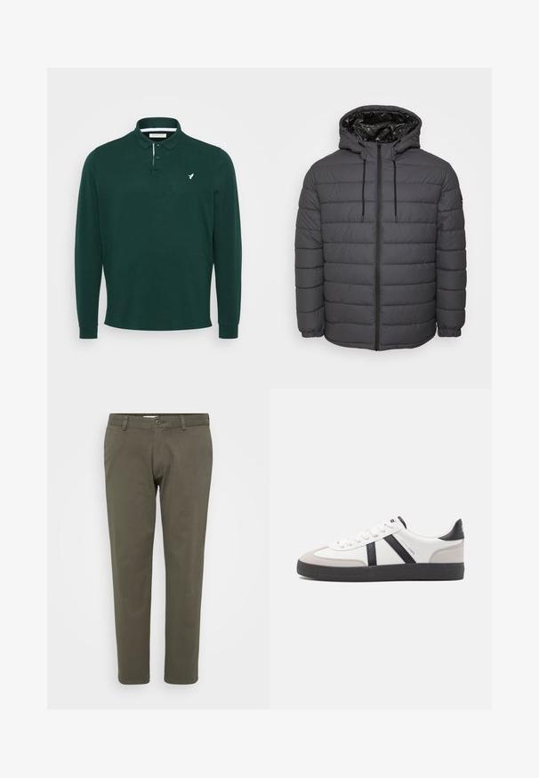 Doudoune de couleur gris foncé, dotée d'une fermeture éclair, d'une capuche avec cordons de serrage ajustables et d'un design matelassé avec poignets élastiqués.; Polo à manches longues en coton vert foncé, avec un logo blanc sur la poitrine, une patte de boutonnage à deux boutons et des poignets côtelés.; Pantalon vert olive en tissu mélangé coton. Design à jambe droite avec une taille plate, fermeture à bouton et passants de ceinture. Texture lisse.; Baskets blanches avec des accents noirs et gris, présentant un embout texturé gris, une semelle en caoutchouc noir et des lacets plats blancs. Design épuré, style minimaliste.