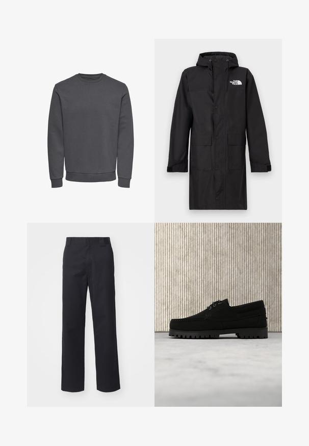 Sort vandtæt jakke med hætte, frontlukning med trykknapper, to store forlommer og justerbare manchetter, med et logo på den øverste venstre side.; Grå sweatshirt lavet af blødt stof med rund halsudskæring, lange ærmer og ribbede manchetter og kant for en tætsiddende pasform. Ingen mønstre eller logoer.; Sorte lige benbukser lavet af bomuldsblandet stof. Har en flad frontbetræk med bæltesløjfer og ingen synlig hardware eller udsmykninger.; Sort snørestøvle med tyk rilled sål, der svæver over beige tæppe, brun moderne rundt bord i blødt oplyst rum i baggrunden.