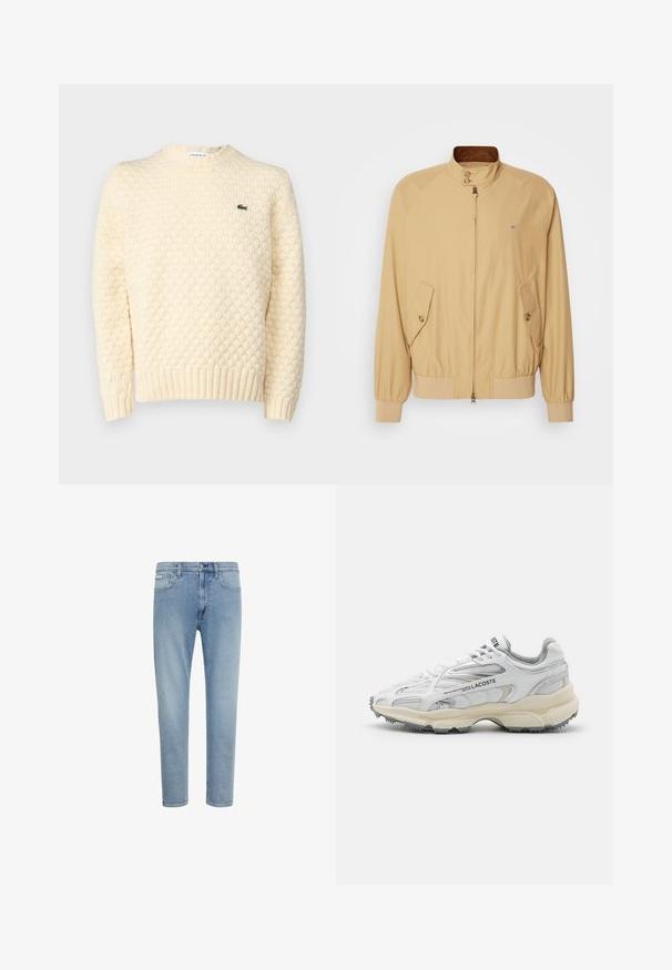 Veste bomber beige avec une fermeture éclair à l'avant, un col montant, deux poches latérales et des poignets côtelés. Texture lisse et matériau léger.; Pull en laine de couleur crème avec un motif en losanges texturé, des poignets et un ourlet côtes ; comprend un petit logo vert Lacoste sur la poitrine.; Jean denim droit bleu clair avec fermeture par bouton et fermeture éclair, passants pour ceinture et poches avant et arrière.; Baskets de sport blanches avec des accents gris, tige en maille et synthétique, design à lacets et semelle en caoutchouc texturée avec motifs de traction.