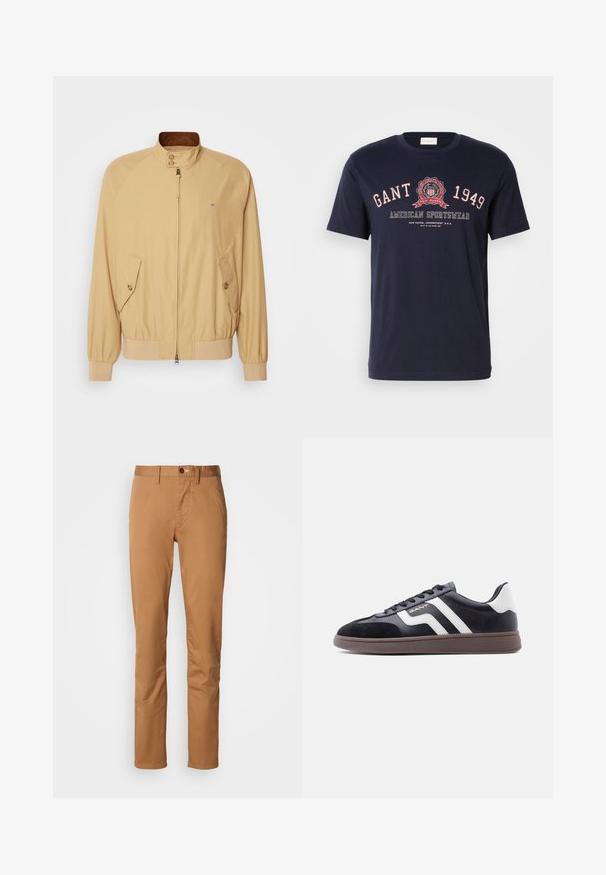 Veste bomber beige avec une fermeture éclair à l'avant, un col montant, deux poches latérales et des poignets côtelés. Texture lisse et matériau léger.; T-shirt en coton navy à col rond présentant un texte blanc et rouge ainsi qu'un logo circulaire avec les inscriptions "GANT", "1949" et "AMERICAN SPORTSWEAR."; Pantalons khaki ajustés avec fermeture à bouton et à zip, passepoils pour ceinture et poches latérales sur fond blanc.; Baskets noires en suède et matériau synthétique, avec des bandes diagonales blanches et une semelle brun texturée. Elles présentent un design à lacets et un col rembourré.
