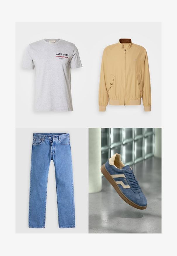 Khaki bomberjack met een voorritssluiting, staande kraag, twee zijzakken en ribgebreide manchetten. Gladde textuur en lichtgewicht materiaal.; Grijze katoenen t-shirt met korte mouwen, ronde hals en bedrukte tekst in marineblauw en rood. Bevat een logo en horizontale strepen.; Lichtblauwe spijkerbroek met een rechte pijp, vijf zakken en een gulp met twee knopen. Heeft minimale verkleuring en contrasterende naden.; Blauwe suède sneaker met beige strepen, bruine zool en veters, zwevend binnen op een gepolijste betonnen vloer nabij glazen blokken.