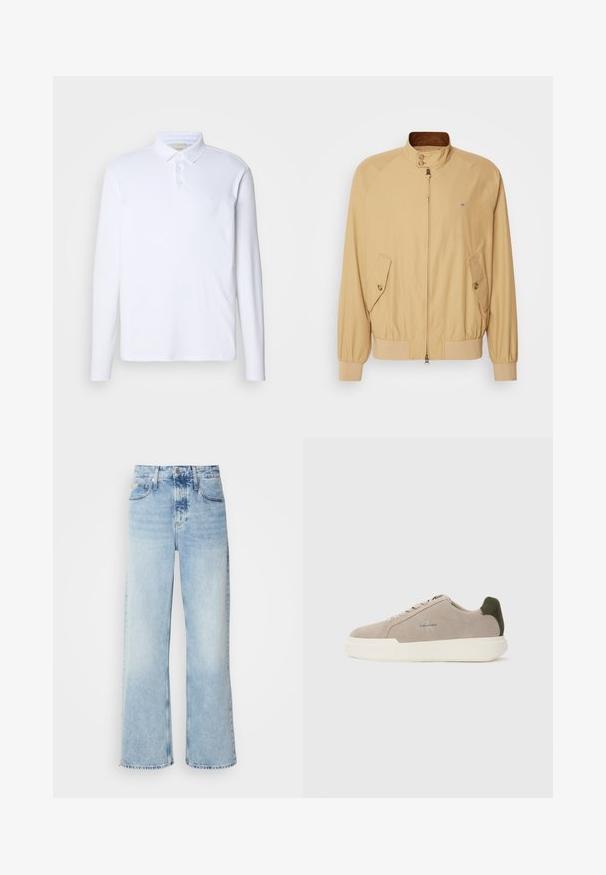 Khaki bombardér jacket s predným zipsom, stojacím golierom, dvoma bočnými vreckami a rebrovanými manžetami. Hladká textúra a ľahký materiál.; Biela polo košeľa s dlhými rukávmi vyrobená z mäkkej látky, s klasickým golierom, trojuholníkovým zapínaním a jemným logom na hrudi.; Svetlomodré široké rifle s vysokým pásom, s jemne vyblednutým povrchom, pútkom na opasok a klasickým dizajnom s piatimi vreckami. Lem je surový.; Béžové semišové tenisky s bielou gumovou podrážkou, zdobené tmavozeleným akcentom na päte a jemným brandingom na boku.