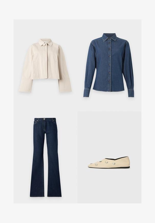 Veste courte beige avec larges poignets, fermeture éclair devant dissimulée par une patte de boutonnage, col à revers et deux poches latérales verticales.; Chemise en denim bleu foncé à manches longues avec boutons sur le devant, col pointu et coutures blanches visibles le long des coutures et des poignets.; Jean flare bleu foncé en denim, dotés d'un design à cinq poches, de passants de ceinture et de coutures jaunes contrastées le long des coutures.; CLOSED Ballerines - ecru