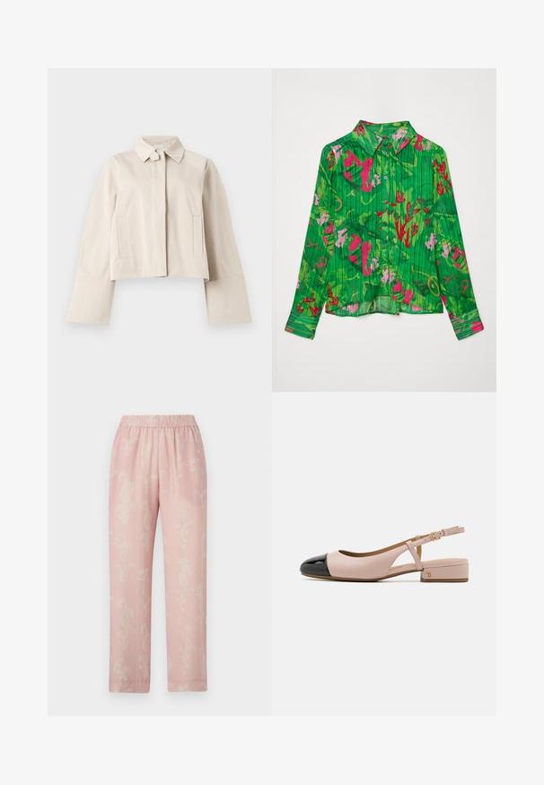 Beige cropped jas met brede manchetten, rits aan de voorkant verborgen achter een beleg, uitgespreide kraag en twee verticale zijzakken.; Groen overhemd met knopen, versierd met bloemenpatronen in roze en rood. Heeft een kraaglijn en lange mouwen met een rechte zoom. Textuurstof.; Lichtroze damesbroek met elastische tailleband en subtiel wit paisley-patroon, rechte pijpen.; Slingback schoen met een blush leren bovenwerk en een glanzend zwarte neus. Heeft een kleine blokhak en een verstelbare enkelband.