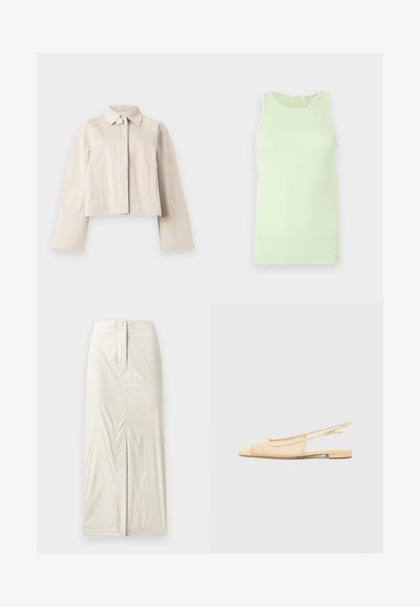 Beige kurze Jacke mit breiten Manschetten, vorne mit Reißverschluss, verdeckt durch eine Blende, mit aufgeklapptem Kragen und zwei vertikalen Seitentaschen.; Ärmelloses hellgrünes Tanktop mit rundem Ausschnitt, glattem Stoff und einem dezenten Logodetail am unteren Saum.; Helle beige, knielange Rock aus glattem, strukturiertem Stoff. Verfügt über einen Schlitz vorne und einen Knopfverschluss an der Taille.; Slingback-Ballerina in hellbeige mit einem Netz-Obermaterial, spitz zulaufender Zehenpartie und niedrigem Absatz. Verfügt über einen verstellbaren Riemen für eine optimale Passform.