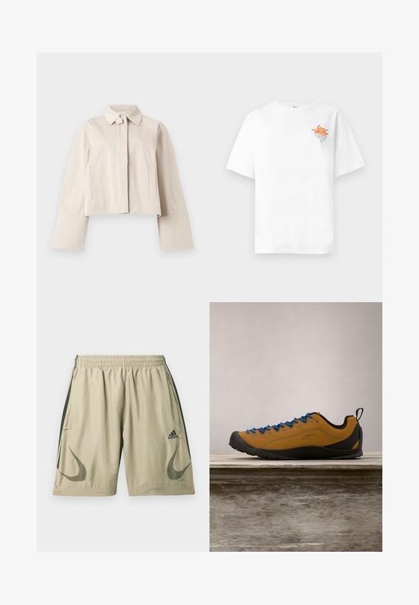 Beige cropped jas met brede manchetten, rits aan de voorkant verborgen achter een beleg, uitgespreide kraag en twee verticale zijzakken.; Witte T-shirt met korte mouwen met een kleine zakgrafiek van een kom met drie sinaasappels en groene bladeren op de linkerborst.; Lichtbeige sportieve short gemaakt van lichtgewicht stof, met donker groene zijstrepen, een elastische tailleband en logo-accenten.; Bruine suède outdoor schoen met blauwe veters, zwarte rubberen zool en een slank ontwerp. Beschikt over een trek lus aan de achterkant voor gemakkelijk aantrekken.