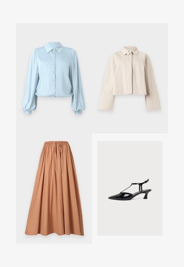 Beige kurze Jacke mit breiten Manschetten, vorne mit Reißverschluss, verdeckt durch eine Blende, mit aufgeklapptem Kragen und zwei vertikalen Seitentaschen.; Hofmann Copenhagen FLORA - Hemdbluse - lavender blue; Langer, locker sitzender beiger Rock mit elastischem Bund und Bindebändern vorne, vor einem schlichten hellen Hintergrund präsentiert.; Schwarzer Lacklederschuh mit niedrigem Absatz, spitzer Zehenpartie, T-Riemen und Schnallenverschluss vor hellem neutralem Hintergrund.