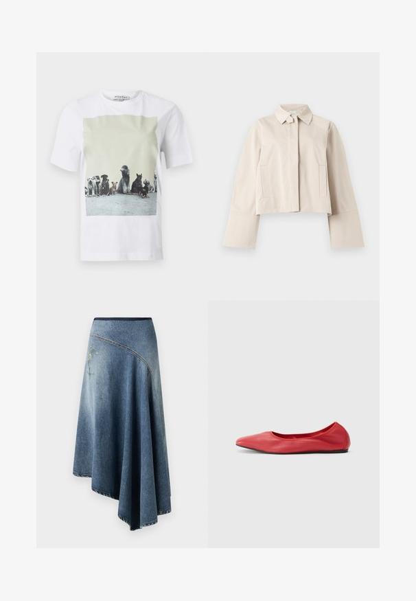 Veste courte beige avec larges poignets, fermeture éclair devant dissimulée par une patte de boutonnage, col à revers et deux poches latérales verticales.; T-shirt blanc avec une impression photo sur le devant montrant neuf différentes races de chiens assises en rang sur un sol en béton.; Jupe en denim avec un dégradé de bleu clair à foncé, ornée d'un motif floral brodé sur un côté et de coutures visibles le long des bords.; Filippa K REY FLATS - Ballerines - bright red