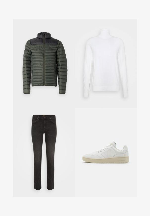 Polstret grøn jakke med et sort, glat toppanel. Har en høj krave, lynlås lukning og sidelommer. Teksturdesignet er quiltet over hele jakken.; Hvid turtleneck sweater med lange ærmer, lavet af glat stof. Har et tætsiddende design og ribbede manchetter og kant. Ingen mønstre eller accenter.; Slim-fit sorte denim jeans med fem lommer, bæltestropper, knaplukning og subtil forvitring på lår og knæ.; Hvide lædersneakers med struktureret overflade og polstret krave. Har en beige gummisål og diskret branding på hælen og siden.