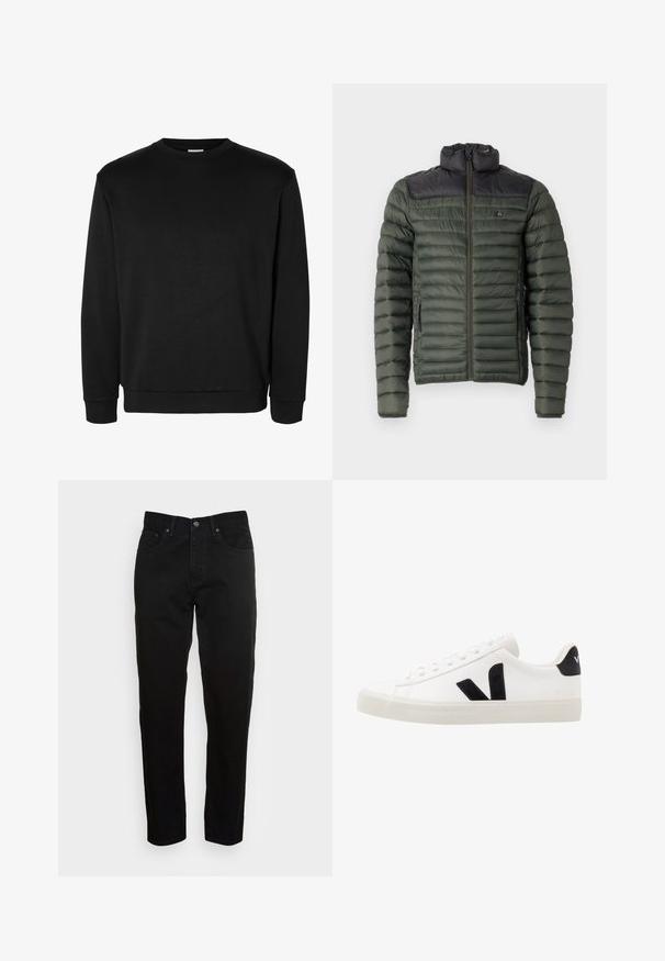 Chaqueta acolchada verde con un panel superior negro y suave. Cuenta con un alto cuello, cierre de cremallera y bolsillos laterales. Diseño acolchado texturizado en toda la prenda.; Sudadera negra de manga larga con cuello redondo, puños y bajo acanalados, diseño sencillo y sin logotipos ni estampados visibles.; Jeans negros ajustados con cierre de botón frontal y diseño de cinco bolsillos, mostrados sobre un fondo gris claro liso.; Zapatilla de cuero blanca con acentos de ante negro; presenta una suela de goma, puntera redonda y un diseño clásico de cordones. Logo lateral en negro.