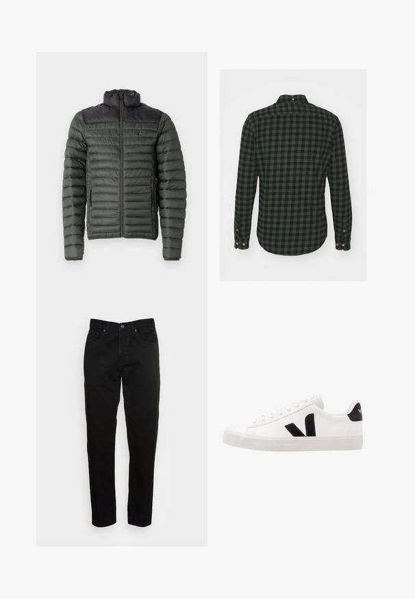Chaqueta acolchada verde con un panel superior negro y suave. Cuenta con un alto cuello, cierre de cremallera y bolsillos laterales. Diseño acolchado texturizado en toda la prenda.; Camisa de manga larga a cuadros en verde y negro con cuello, puños abotonados y dobladillo curvado. Fabricada en una suave tela texturizada.; Jeans negros ajustados con cierre de botón frontal y diseño de cinco bolsillos, mostrados sobre un fondo gris claro liso.; Zapatilla de cuero blanca con acentos de ante negro; presenta una suela de goma, puntera redonda y un diseño clásico de cordones. Logo lateral en negro.