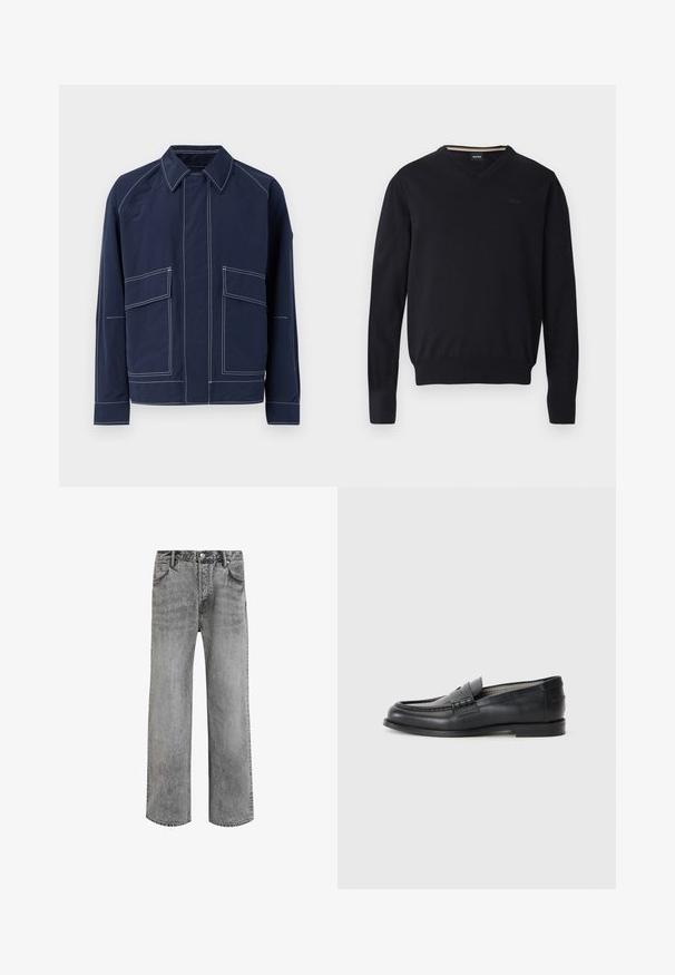 Marineblå jakke med krave, to store frontlommer, kontrast hvide sømme og afslappet pasform. Lavet af letvægtsmateriale.; Sort v-hals sweater lavet af blødt strikket stof. Har lange ærmer, ribbede manchetter og kant samt præget logodetalje på brystet.; Grå denimjeans med lige ben, høj talje, fem lommer og en falmet tekstur. Har lynlås med knap og bælteløkker.; Sorte læder loafers med en glat finish, rund tå, dekorativ rem og minimalistisk design. Har en lav blokhæl.