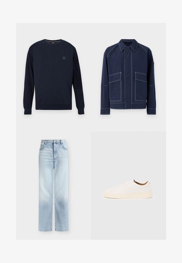Veste bleu marine avec un col, deux grandes poches avant, des coutures blanches contrastées et une coupe décontractée. Fabriquée en matériau léger.; Pull à col rond bleu marine en tissu tricoté, avec des poignets et un ourlet côtelés. Un logo circulaire est positionné sur la poitrine.; Jeans bleu clair taille haute à jambes droites, avec poches avant, passants de ceinture et fermeture par bouton.; Baskets blanches basses avec un design à lacets, des détails de couture minimalistes, et une semelle couleur crème sur un fond gris clair.