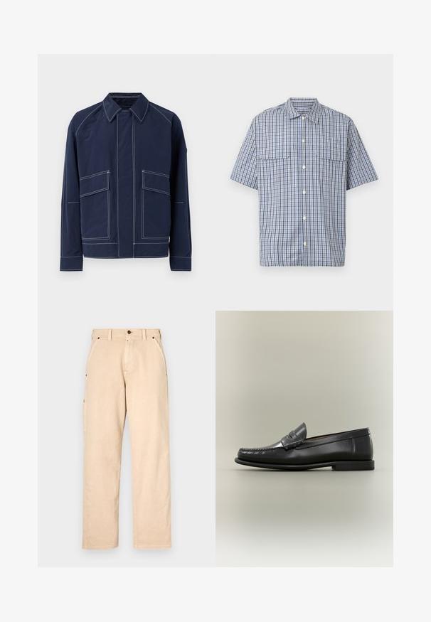 Veste bleu marine avec un col, deux grandes poches avant, des coutures blanches contrastées et une coupe décontractée. Fabriquée en matériau léger.; Chemise à manches courtes avec boutons, motif à carreaux bleu, blanc et noir, et deux poches à rabat sur la poitrine, sur fond blanc.; Pantalon en coton beige avec une coupe droite, doté de poches latérales, de passants de ceinture et d'une fermeture à bouton à l'avant. Texture lisse, design minimaliste.; Mocassin pour homme en cuir noir avec un design moc-toe, une lanière à monnaie et un talon bas sur un fond neutre.