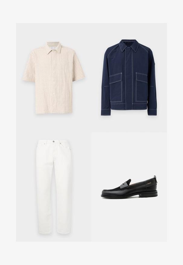 Veste bleu marine avec un col, deux grandes poches avant, des coutures blanches contrastées et une coupe décontractée. Fabriquée en matériau léger.; Chemise à manches courtes de couleur beige clair, ornée d'un motif en grille de couleur marron doux, avec des boutons à l'avant et un col classique. Texture du tissu lisse.; Pantalon en denim blanc avec une coupe droite. Il comporte une disposition traditionnelle à cinq poches, une fermeture à bouton métallique et une légère texture.; Mocassin en cuir noir avec détail de bride grise, talon bas et semelle texturée, marqué "HUGO" en or sur le côté.